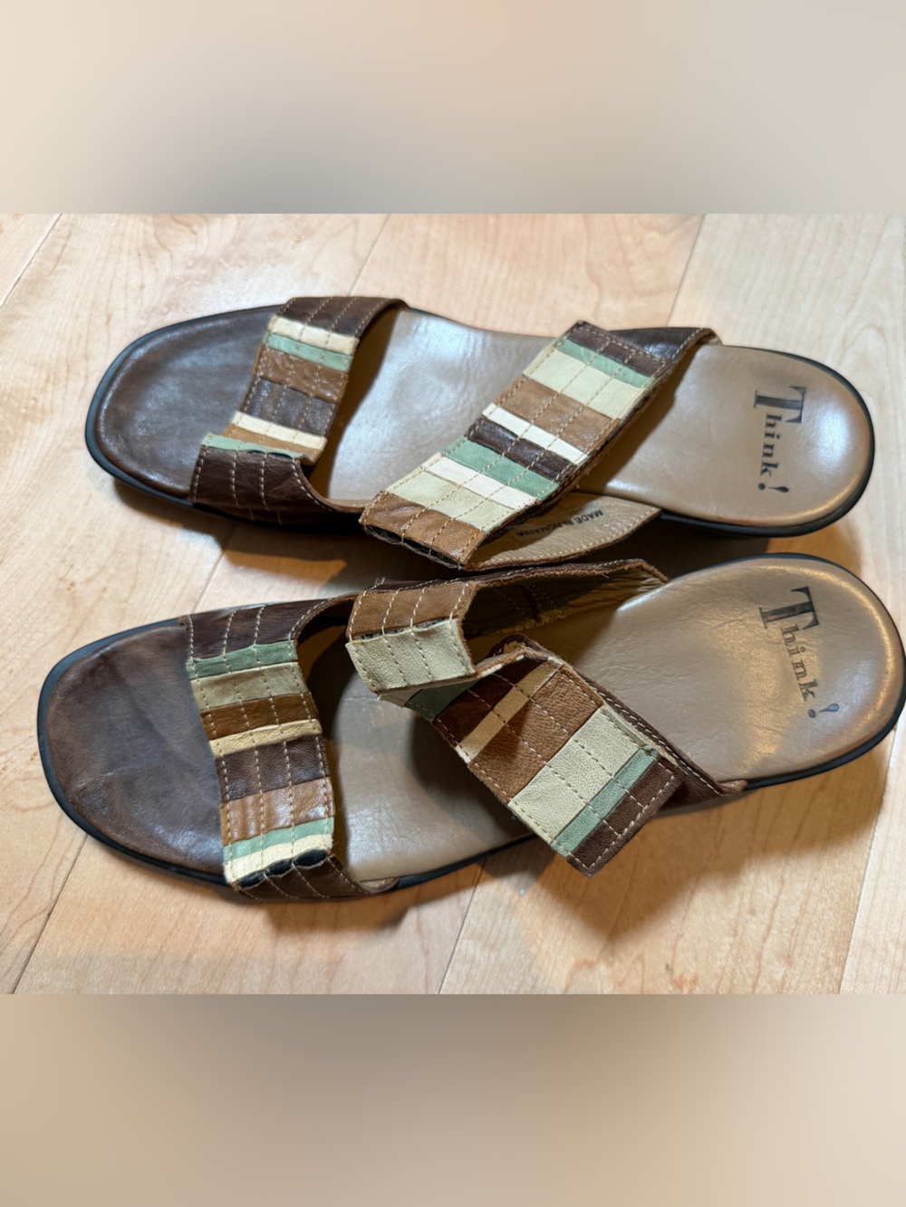 Think! Leather Slide Sandals in Brown, Cream & Mint